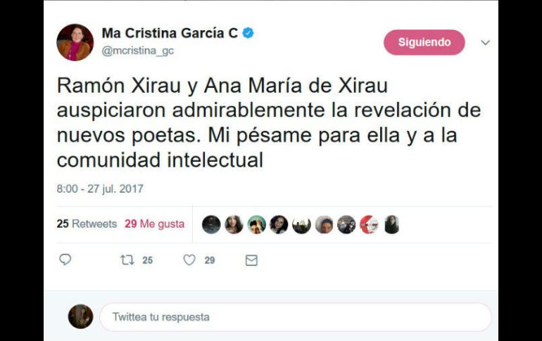 La secretaria de Cultura, María Cristina García, dio el pésame a la viuda de Xirau. TWITTER / mcristina_gc