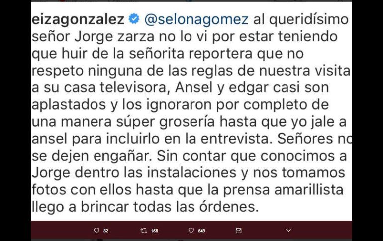 Al evitar fotografía explica “Al queridísimo señor Jorge Zarza no lo vi por estar teniendo que huir de la señorita reportera. TWITTER / @eizamusica