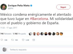El mandatario condena el atentado en el que, hasta el momento, se reporta una persona fallecida. TWITTER / @EPN