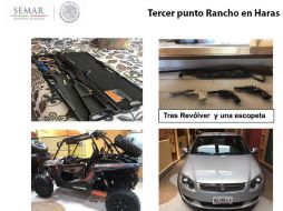 En los cateos se aseguraron vehículos y armas. TWITTER / @FiscaliaPuebla