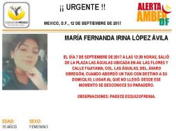 Según la Alerta Amber, María Fernanda tiene un tatuaje en el antebrazo izquierdo con las letras ‘A’ y ‘C, y un piercing en la nariz. TWITTER / @PGJDF_CDMX