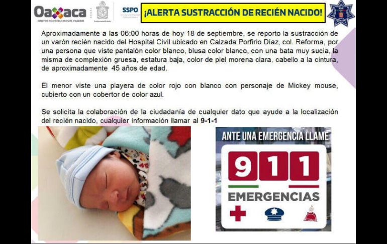 El bebé fue sustraído por una mujer disfrazada de enfermera. TWITTER / @Oaxaca_9_1_1