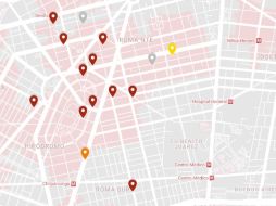 Este fragmento del mapa muestra los puntos reportados en la colonia Roma. Los globos rojos indican derrumbes y los naranjas daños mayor ESPECIAL / Google Maps