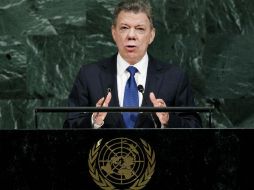 El presidente de Colombia, Juan Manuel Santos, ofrece un discurso ante la Asamblea General de la ONU. EFE / J. Lane