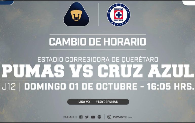 A través de su cuenta de Twitter, el cuadro universitario dio a conocer las modificaciones tanto de estadio como de hora. TWITTER / PumasMX