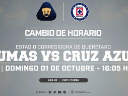 A través de su cuenta de Twitter, el cuadro universitario dio a conocer las modificaciones tanto de estadio como de hora. TWITTER / PumasMX