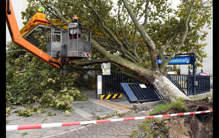 Un árbol obstruye la entrada de una estación de metro en Berlín, luego de caer a causa del paso de la tormenta 