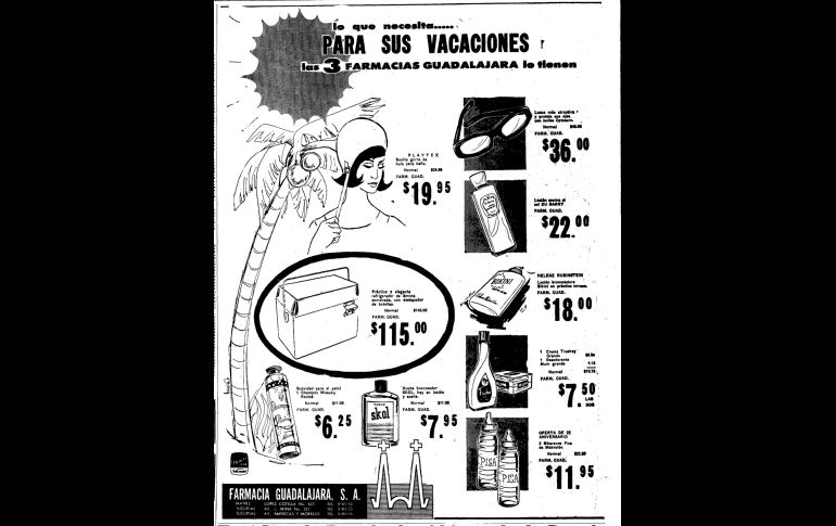 Farmacias Guadalajara. Cualquier insumo para las vacaciones de 1964 quedaba resuelto en cualquiera de las tres Farmacias Guadalajara que había entonces. Lociones contra el Sol y hasta refrigeradores con destapador de botellas se anunciaron en esta edición del 23 de marzo.