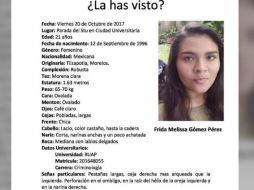 Familiares de Frida compartieron en redes sociales una fotografía con señas particulares. FACEBOOK/Puebla en Línea