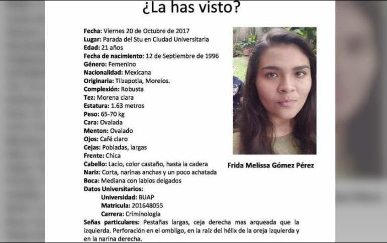 Familiares de Frida compartieron en redes sociales una fotografía con señas particulares. FACEBOOK/Puebla en Línea