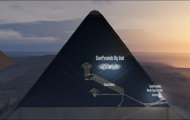 Recreación digital que muestra el hueco encontrado en la pirámide. Científicos de cuatro países investigan el interior de la estructura con técnicas no invasivas. AFP/NATURE PUBLISHING GROUP