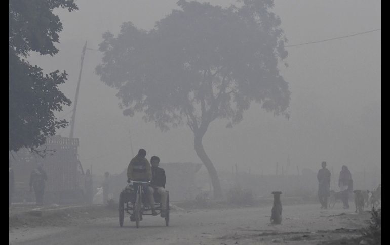 Un hombre se traslada en triciclo entre una capa de contaminación en Nueva Delhi. AFP/P. Singh