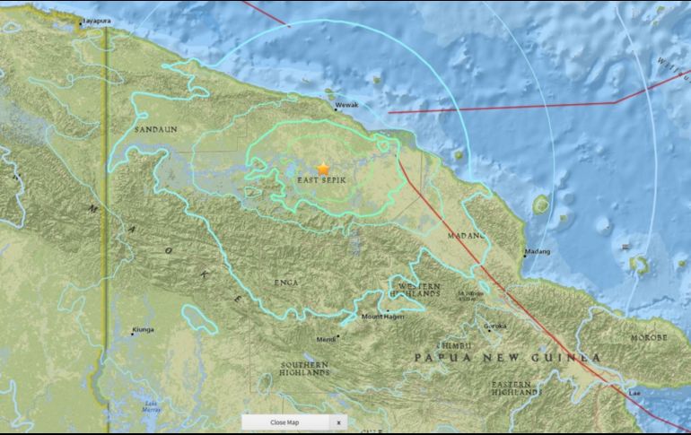 El hipocentro del terremoto se situó a 67 kilómetros al suroeste de Angoram, en la provincia de East Sepik. ESPECIAL / earthquake.usgs.gov