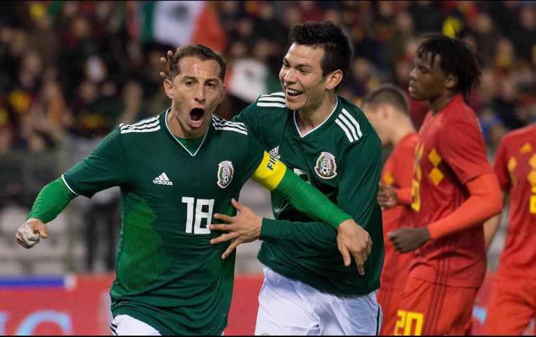 Andrés Guardado celebra su gol ante Bélgica.  MEXSPORT / J. Engelbrecht
