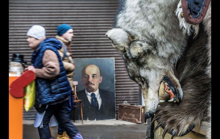 Una piel de lobo se exhibe para su venta junto a una pintura del líder comunista ruso Lenin, en el mercado Izmailovo en Moscú. AFP/M. Antonov
