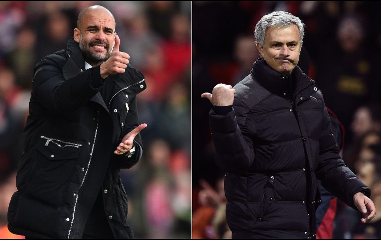 Guardiola (I) y Mourinho (D) se enfrentarán el domingo en la jornada 16 de la Premier League. AFP/ARCHIVO