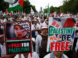 Con banderas de Palestina y proclamas contra Trump, los manifestantes se reunieron para mostrar su desacuerdo con la decisión del mandatario. EFE/A. Weda