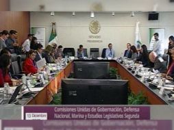 Aspecto de la discusión en comisiones unidas de Gobernación, Defensa Nacional, Marina y Estudios Legislativos Segunda del Senado. TWITTER / @senadomexicano