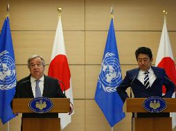 Abe y Guterres ofrecieron hoy una declaración conjunta ante los medios tras reunirse en la oficina del primer ministro en Tokio. EFE/T. Hanai