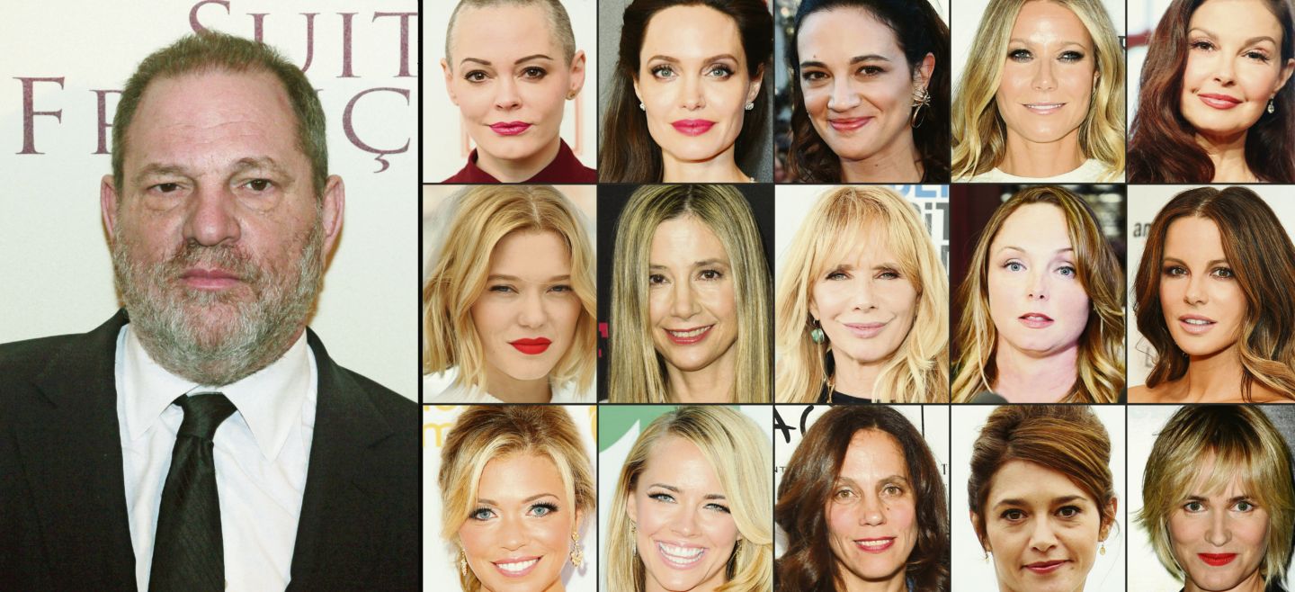 (COMBO): This combination of pictures created on October 13, 2017 shows US producer Harvey Weinstein (L) taken on March 10, 2015; (1st row from L) US actress Rose McGowan taken on April 3, 2016, US actress Angelina Jolie taken on September 13, 2017 in New York City, Italian actress Asia Argento taken on May 17, 2017, US actress Gwyneth Paltrow taken on May 6, 2017, US actress Ashley Judd taken on July 25, 2017, (2nd row fromL) French actress Lea Seydoux taken on May 19, 2016, US actress Mira Sorvino taken on December 7, 2015, US actress Rosanna Arquette taken on February 25, 2017, US actress Louisette Geiss taken on October 10, 2017, British actress Kate Beckinsale taken on on August 7, 2017, (3rd row fromL) Television reporter Lauren Sivan taken on July 26, 2014, US actress Jessica Barth taken  on June 21, 2012, US producer Elizabeth Karlsen taken on January 4, 2016, French actress Emma De Caunes taken on October 17, 2016, and French actress Judith Godreche taken on October 19, 2015. An avalanche of claims of sexual harassment, assault and rape by hugely influential Hollywood producer Harvey Weinstein have surfaced since the publication last week of an explosive New York Times report alleging a history of abusive behavior dating back decades. / AFP PHOTO / GETTY IMAGES NORTH AMERICA AND AFP PHOTO / STAFF