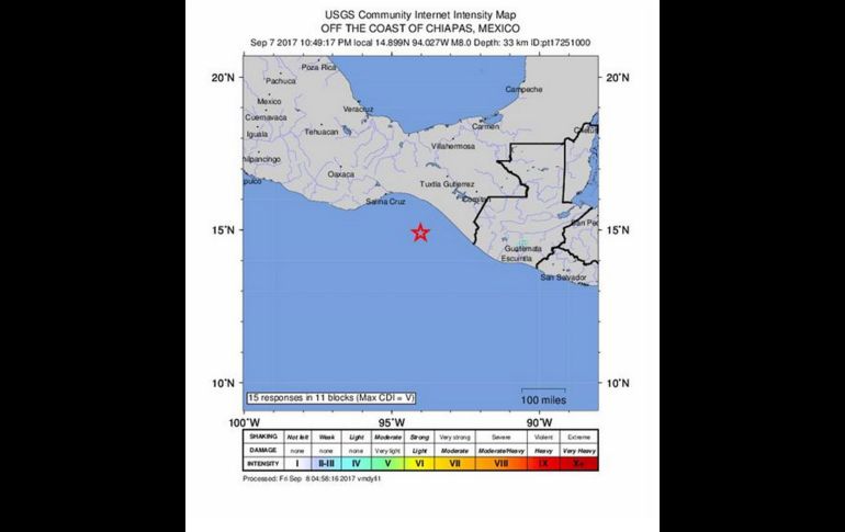CIUDAD DE MÉXICO (08/SEP/2017).- Con epicentro a 137 kilómetros al suroeste de Tonalá, en Chiapas, el sismo se registró a las 23:49 del jueves (hora central de México). EFE/USGS