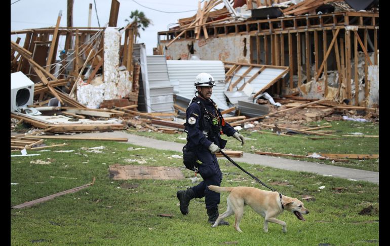 ROCKPORT, ESTADOS UNIDOS (27/AGO/2017).- Un rescatista y un perro entrenado buscan personas en un complejo de viviendas dañado. En esta ciudad el huracán ''Harvey'' tocó tierra el viernes con unos vientos de hasta 215 kilómetros por hora. AFP/J. Raedle