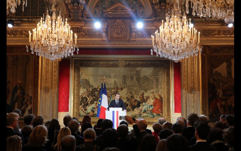 En un discurso en el Palacio del Elíseo, en París, el presidente francés Emmanuel Macron anunció una ley para luchar contra la proliferación de noticias falsas durante el periodo electoral. AFP/L. Marin