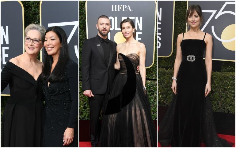 Famosos como Meryl Streep, Jessica Biel, Justin Timberlake y Dakota Johnson vistieron de negro en la alfombra roja de los Globos de Oro. ESPECIAL