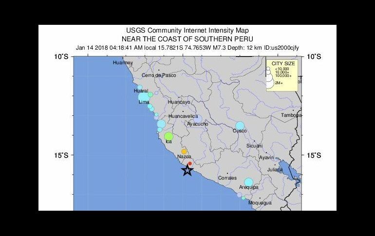 El Instituto Geofísico del Perú (IGP) situó el epicentro del sismo a 56 kilómetros al sur del distrito de Lomas-Arequipa, a una profundidad de 48 kilómetros. EFE/USGS