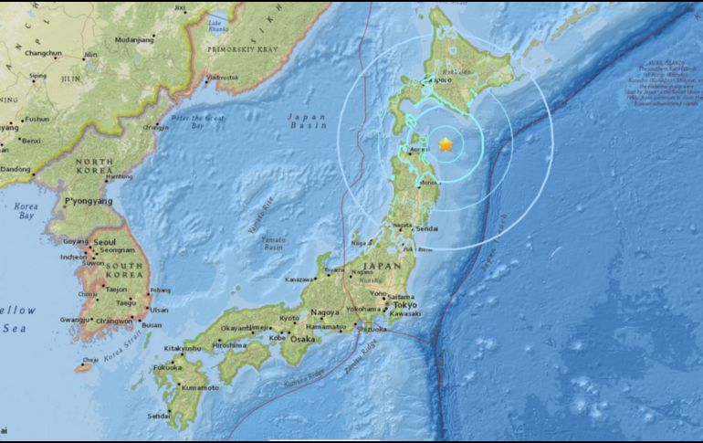 El movimiento telúrico ocurrió a las 07:51 horas locales en la costa este de la prefectura de Aomori y su epicentro se localizó a 92 kilómetros de la localidad de Matsu. ESPECIAL / earthquake.usgs.gov