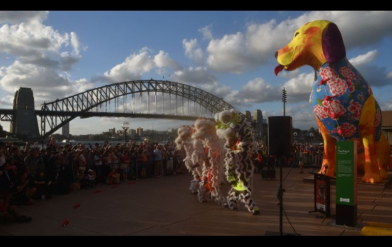 Una colorida figura de perro fue colocada frente al Puente Harbour y el Opera House en el marco de las celebraciones por eñ Año Nuevo Chino en Sídney, Australia. AFP / P. Parks