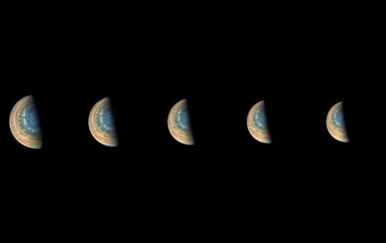 Las imágenes muestran los patrones de nubes cerca del polo sur de Júpiter, mirando hacia el ecuador del planeta. TWITTER / @NASAJuno