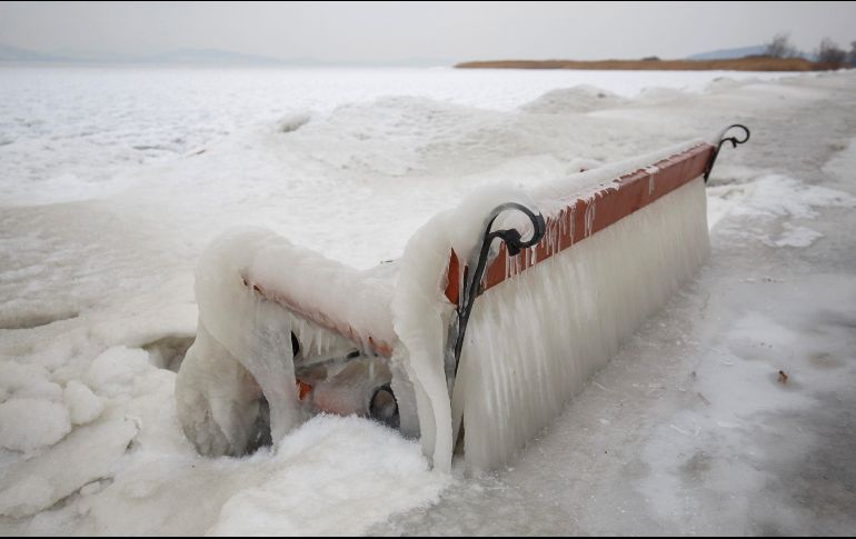 El hielo cubre una banca junto al lago Balaton, en la población húngara de Balatonfenyves. AP/G. Varga