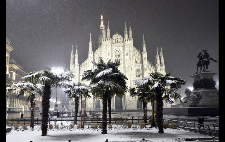 Nieve sobre palmeras frente a la catedral en Milán, Italia.
