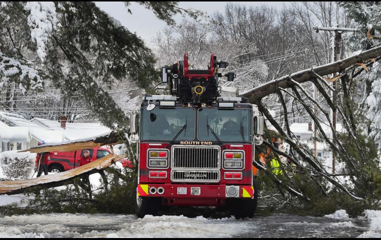 La rama de un árbol cayó sobre un camión de bomberos en East Hartford, Connecticut, debido al peso de la nieve y además tumbó cables de luz. El vehículo estaba estacionado mientras bomberos atendían una emergencia. AP/Journal Inquirer/J. Hill