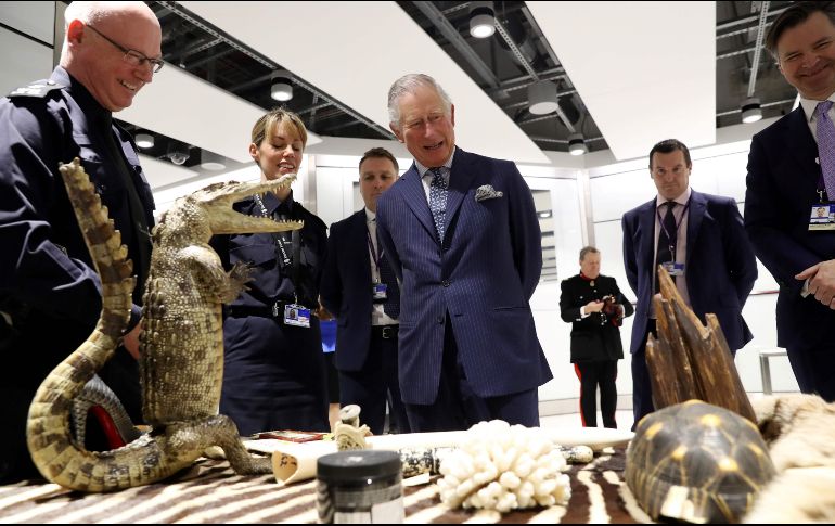 Carlos (i), príncipe de Gales, reacciona mientras observa productos confiscados durante inspecciones de Aduanas a equipaje, en una visita al aeropuerto de Heathrow en Londres. AP/C. Jackson