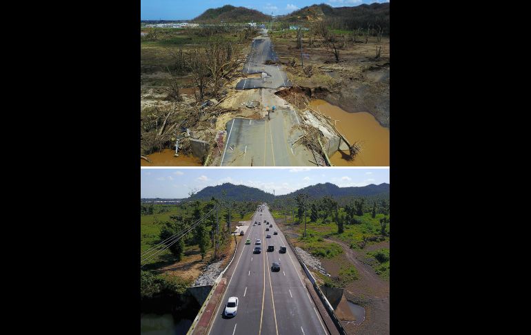 Una carretera en Toa Alta, al oeste de San Juan, tras el desastre y ahora. La isla se quedó sin energía eléctrica tras el huracán y aún hay lugares donde no se ha restablecido el servicio, un 7% de los usuarios. AFP/R. Arduengo