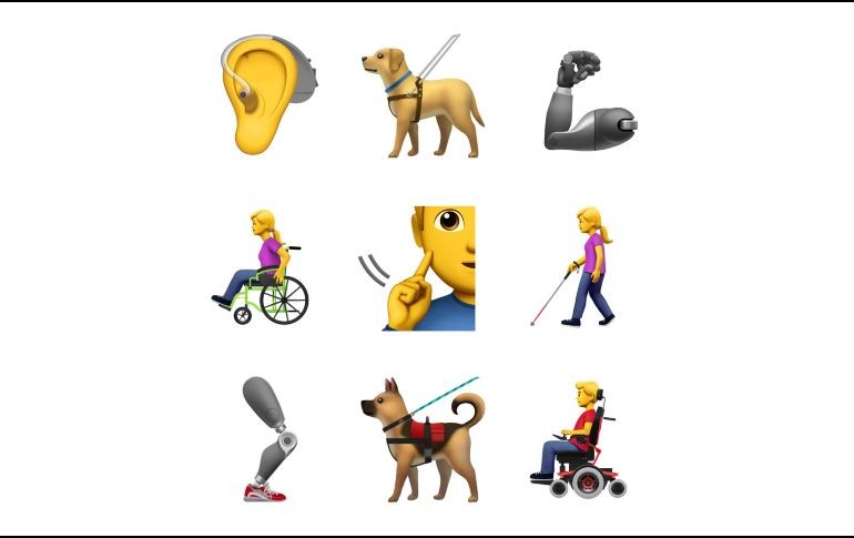 La compañía busca representar las capacidades diferentes de las personas, estos van desde problemas del oído, ceguera, prótesis y sillas de ruedas, hasta un perro guía y un aparato auxiliar auditivo. ESPECIAL / emojipedia.org