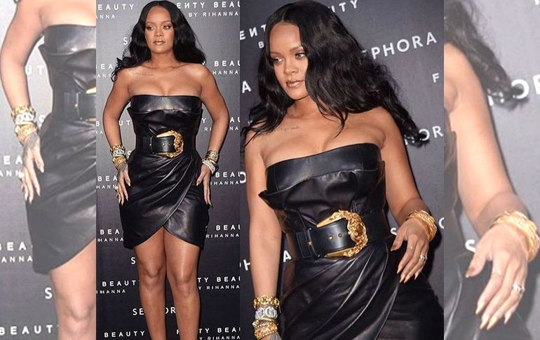 Rihanna vistió un vestido en piel Versace con un corte tulipán y un cinturón con una hebilla XL. INSTAGRAM / badgalriri