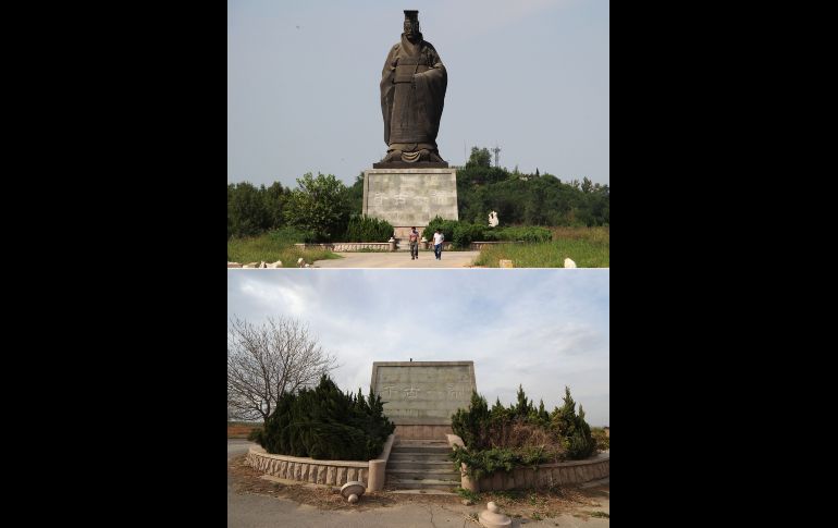La escultura del primer emperador de China, Qin Shi Huang, antes (arriba) de ser derribada por el viento y actualmente (abajo) AFP