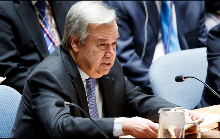 El secretario general de las Naciones Unidas, Antonio Guterres (c), interviene en el Consejo de Seguridad de la ONU solicitado por Rusia para una nueva reunión sobre la situación en Siria. EFE/J. Lane