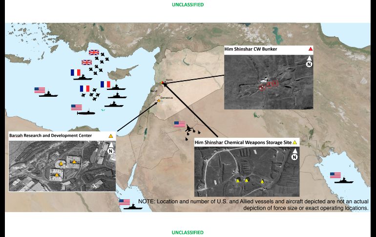 El Departamento de Defensa de Estados Unidos presentó este diagrama que ilustra cómo fue la operación de ataque en Siria. ap
