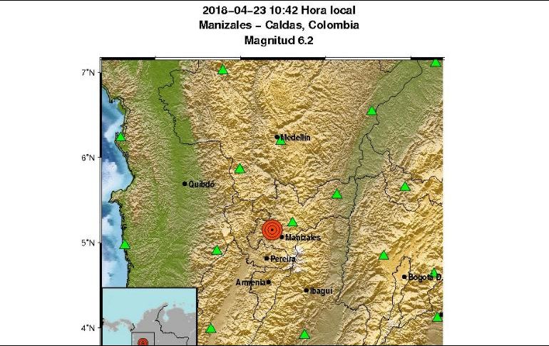 El primer sismo de magnitud 6.2 tuvo como epicentro Manizales. TWITTER / @sgcol