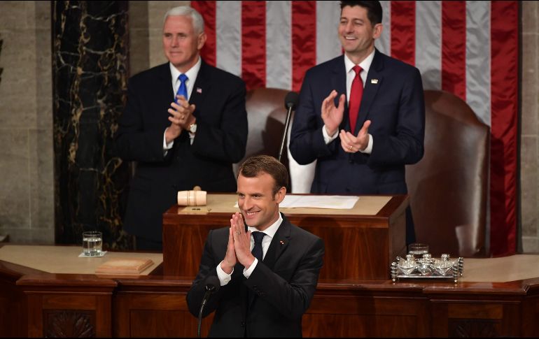 El presidente de Francia, Emmanuel Macron, llega al Congreso de Estados Unidos en Washington, DC. Macron dio un discurso ante ambas Cámaras. AFP/M. Ngan
