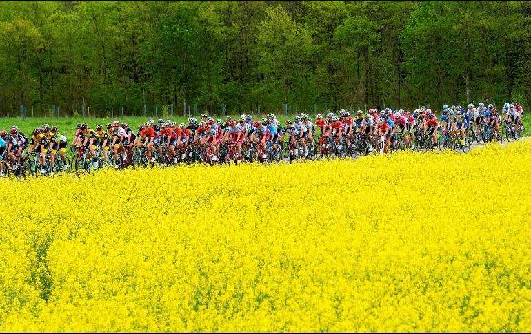 El pelotón compite en la primera etapa del Tour de Romandía, que cubre 166.6 km de Friburgo a Delémont en Suiza. EFE/J. Bott