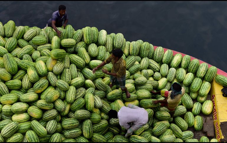 Trabajadores descargan sandías desde el río Burigangan en Dacca, Bangladesh. Cientos de vendedores del interior del país llegan a la capital a vender sus productos. AFP/M. Uz Zaman