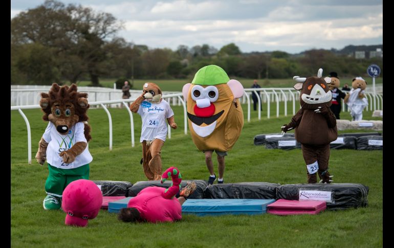 Corredores disfrazados participan en la competencia anual de la Copa de oro de Mascotas, disputada en Wetherby, Inglaterra. AFP/O. Scarff