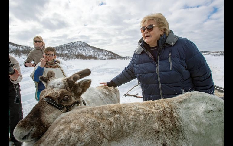 La primera ministra noruega, Erna Solberg, dirige un trineo tirado por un reno en Alta, Noruega. EFE/ A.Ove Hansen