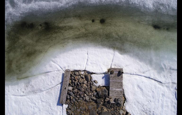 Se crean efectos de transparencia que aparecen cuando los charcos de agua verde recubren el hielo que va menguando. AFP/O. Morin