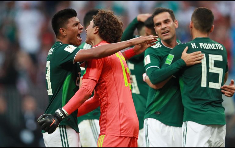 Jugadores mexicanos celebran su triunfo ante Alemania. NTX / A. Denisov